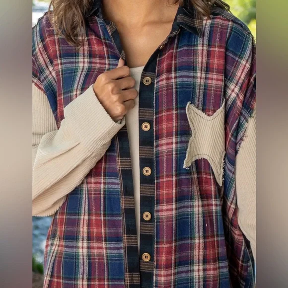 NWT Natural Life Carter Appliqué Oversized Flannel Shirt , Cream Star - Picture 3 of 8